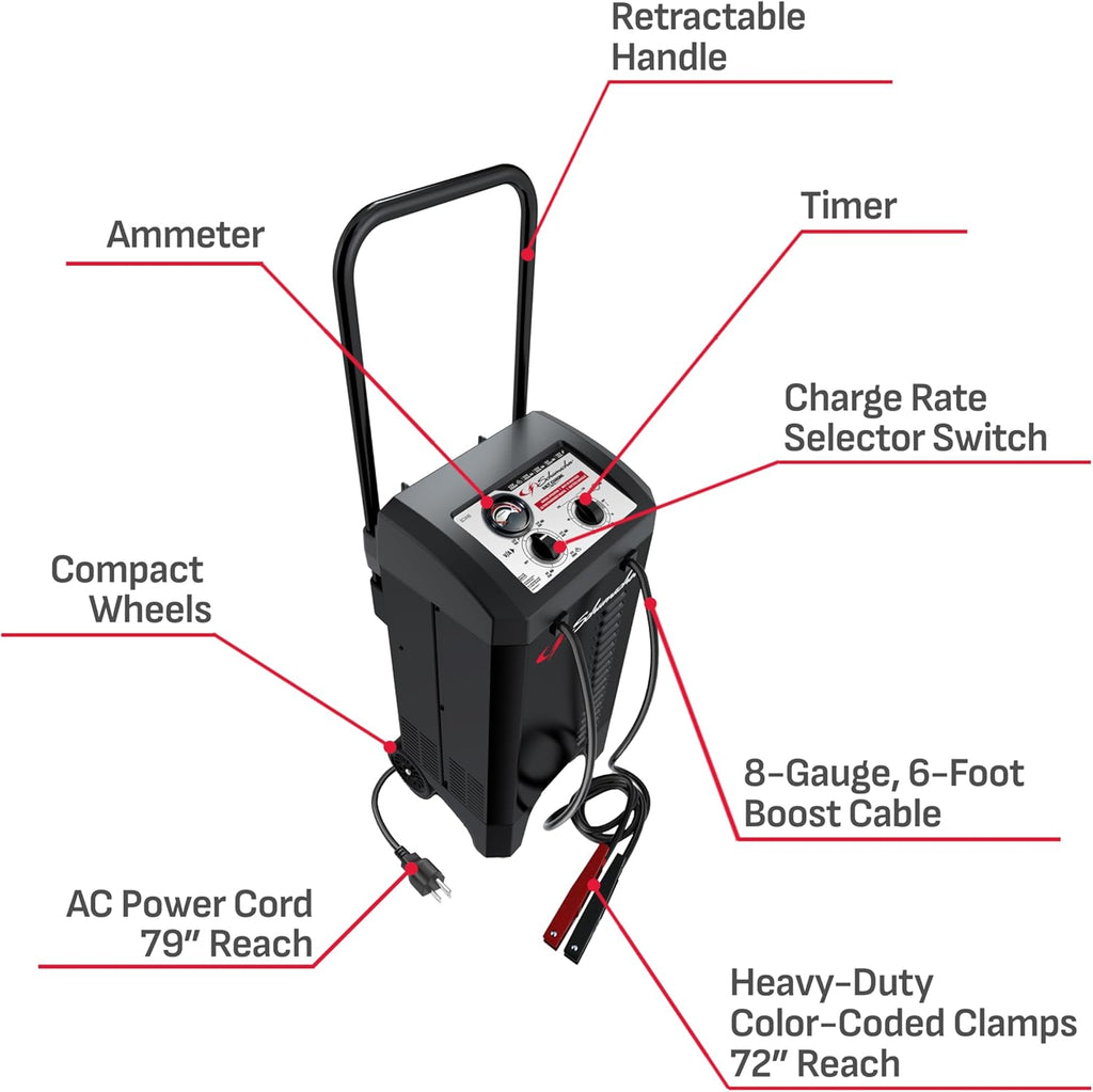 Schumacher Electric Cargador de batería manual con ruedas de 10A pa...