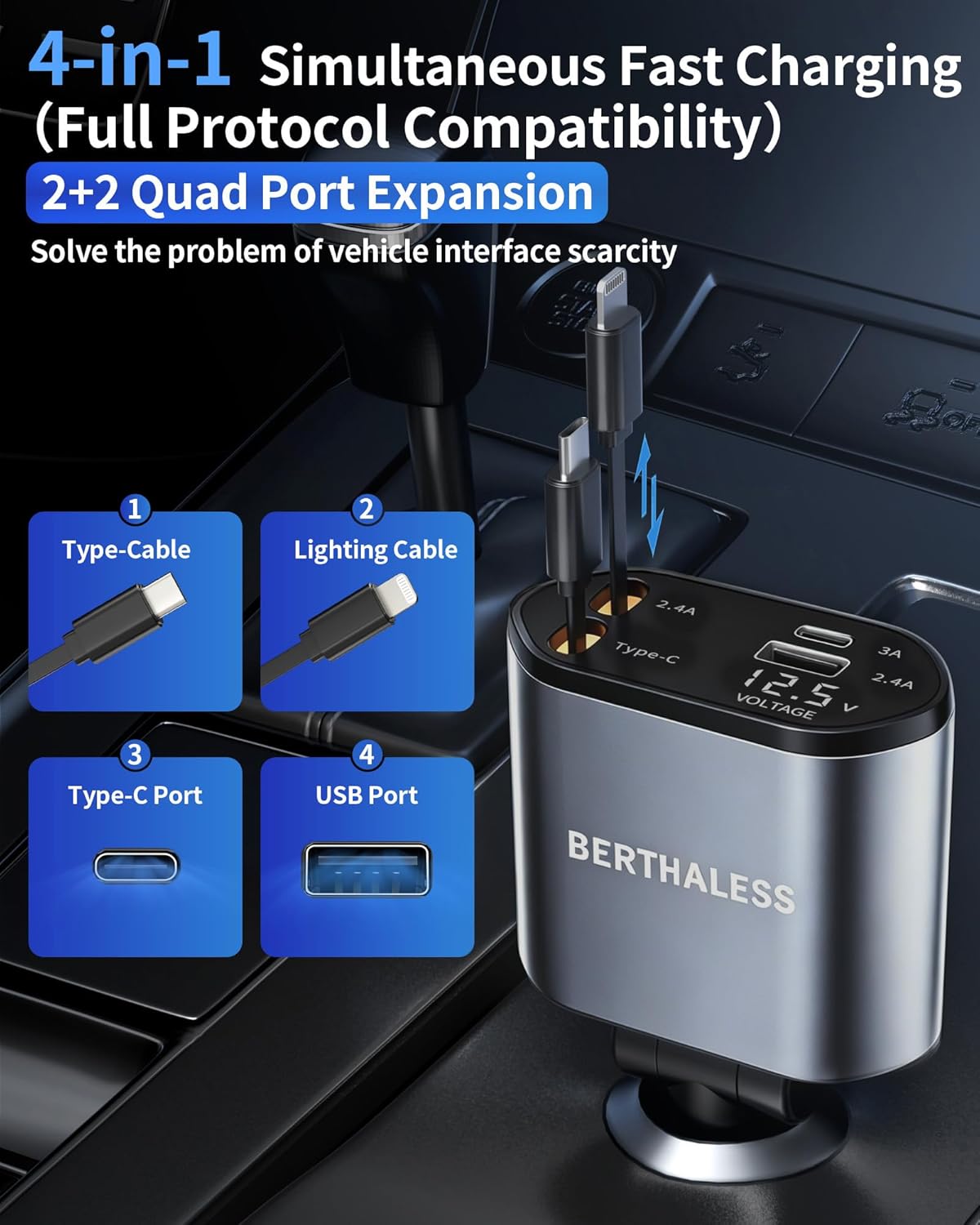 BERTHALESS Cargador retráctil para automóvil, cargador de coche 4 e...
