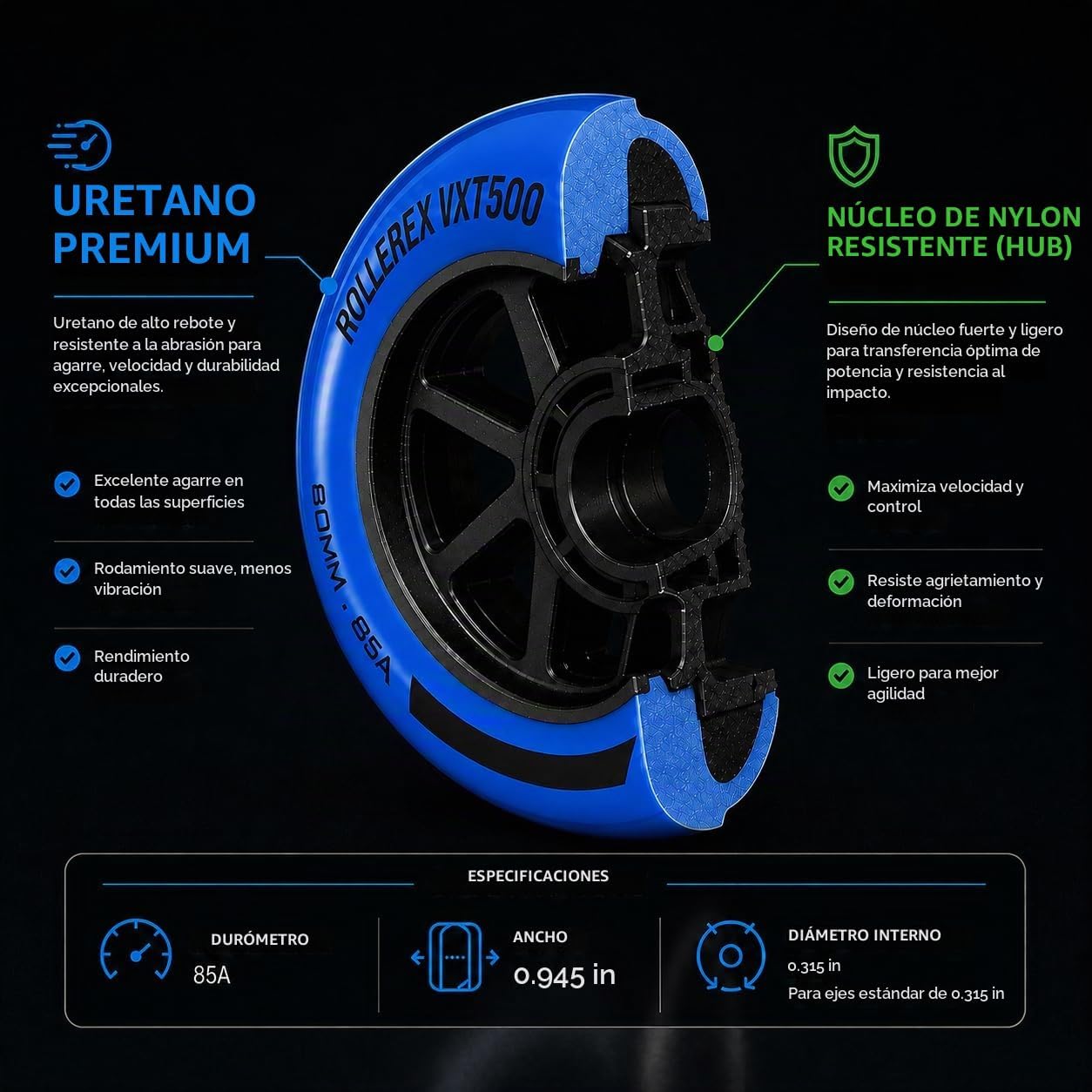 Rollerex VXT500 - Ruedas de patín en línea (paquete de 8) (varias o...