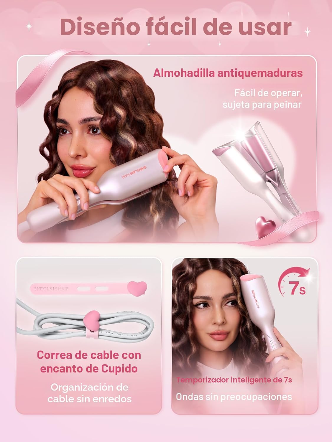 SHEGLAM Ondulador de pelo rosa de 1 pulgada para mujer, herramienta...