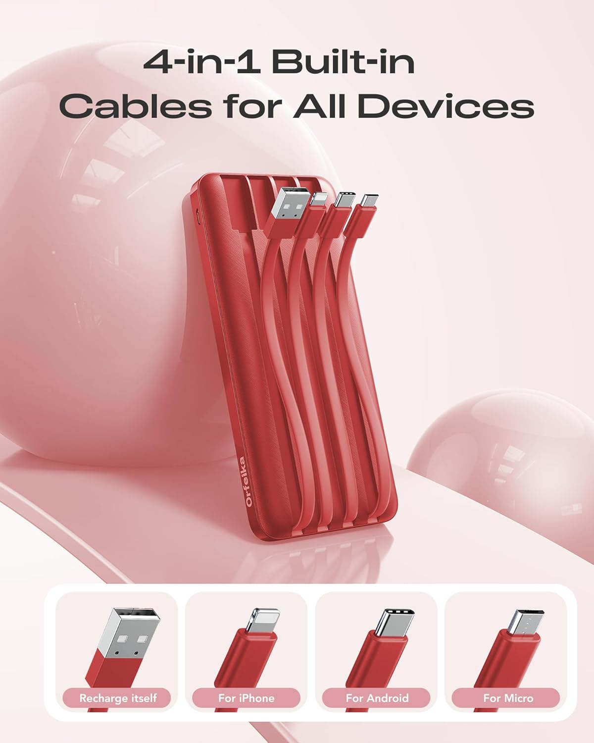 Orfeika Cargador portátil de 20000 mAh con 4 cables incorporados y...