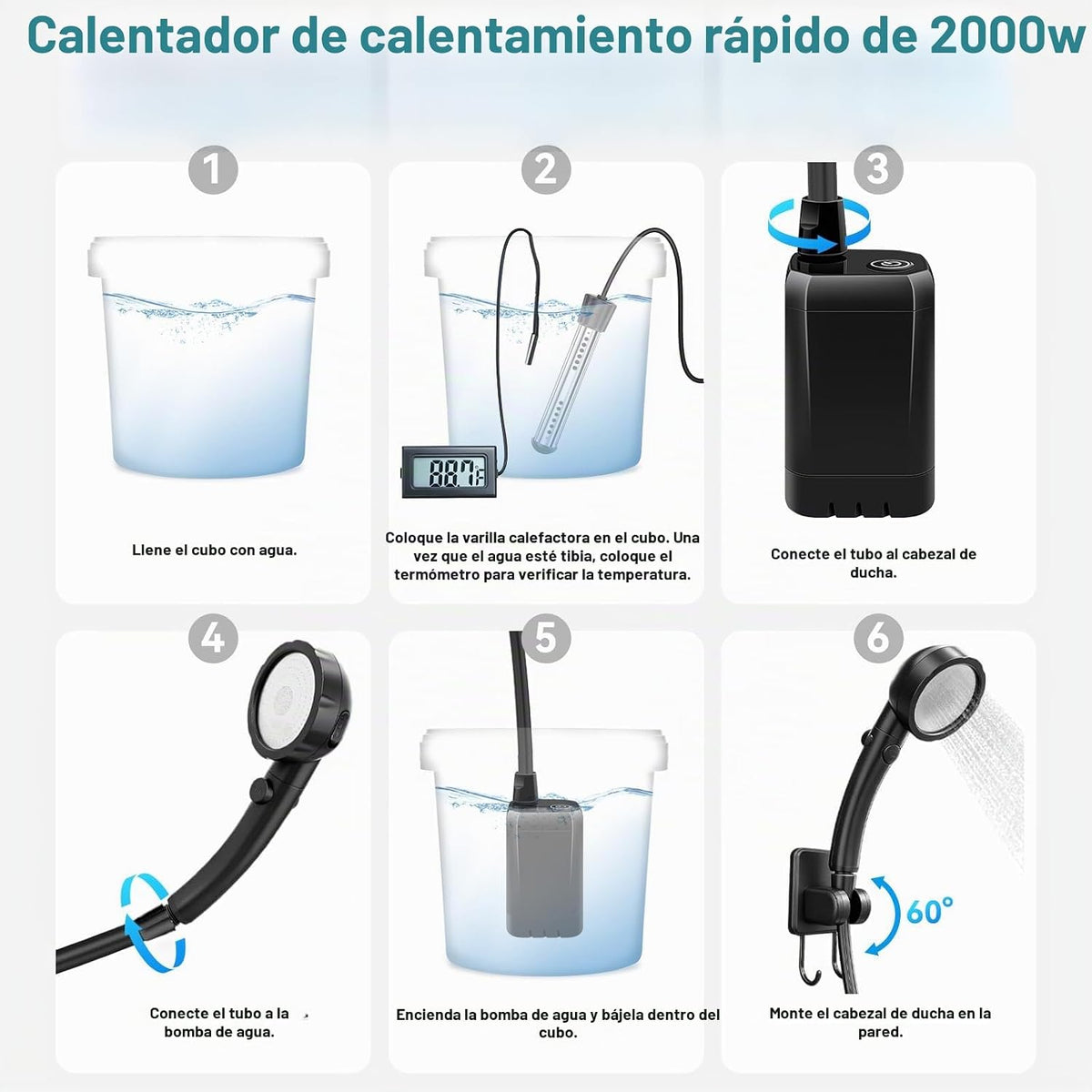 Mieligo Ducha portátil para acampar con calentador, calentamiento r...