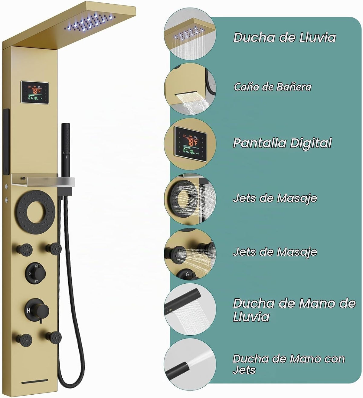 Hoimpro Sistema de torre de panel de ducha LED de oro cepillado, pa...