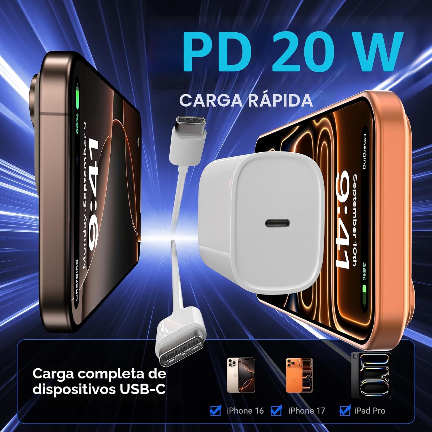 Cargador de carga rápida para iPhone 17, 16, 15 Pro, bloque de carg...