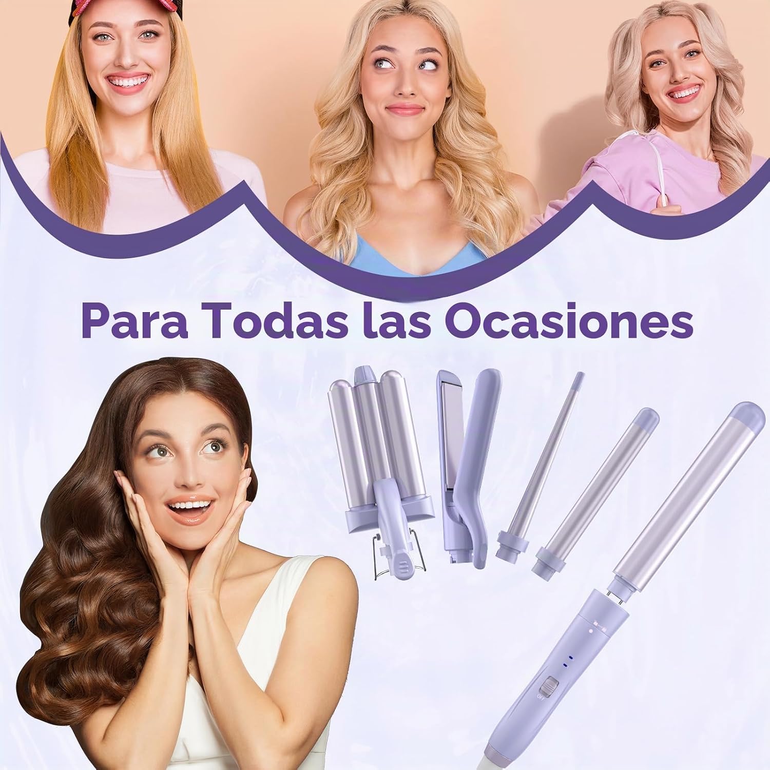 Juego de rizadores 5 en 1 con plancha plana, rizador de pelo de 3 b...