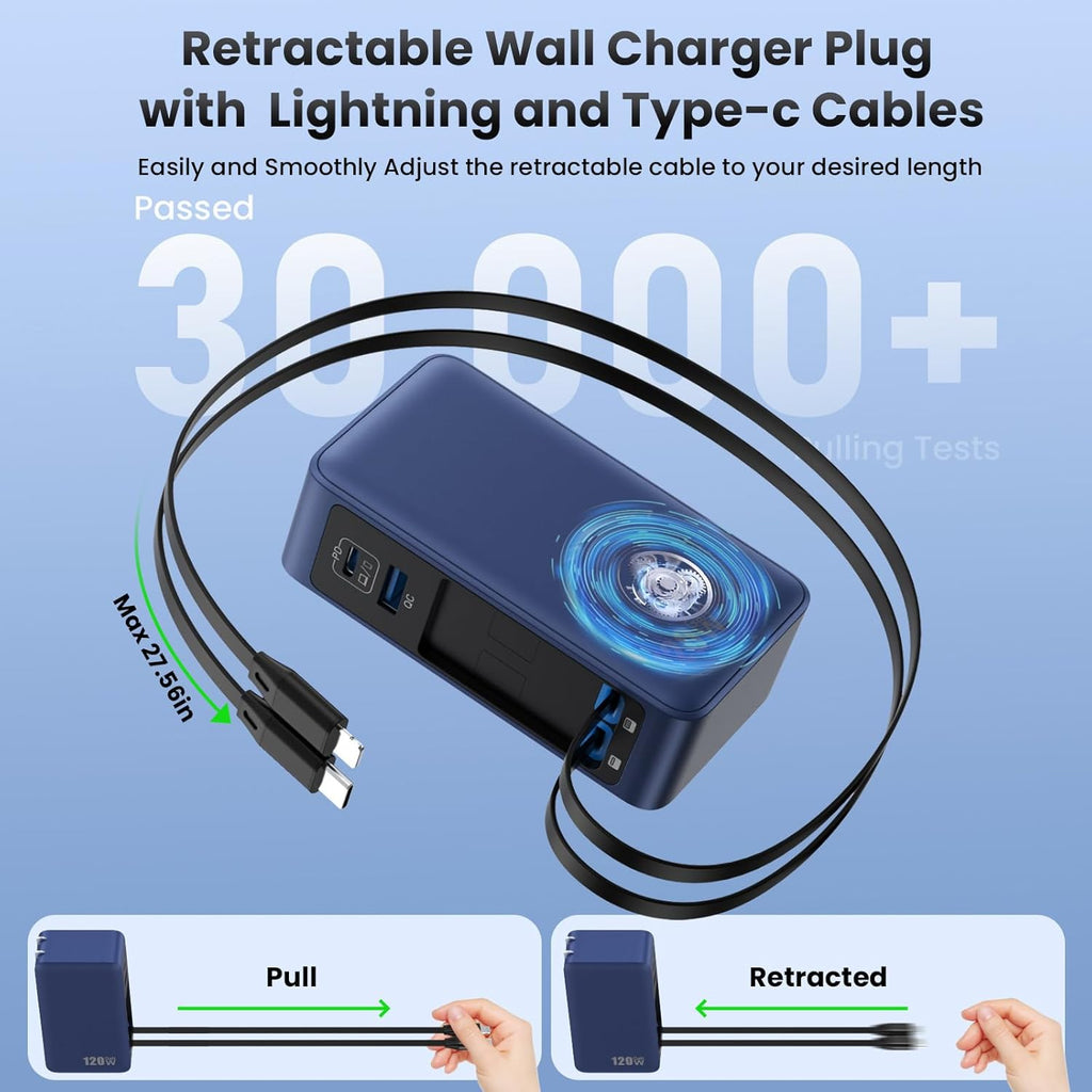 Bloque de Cargador USB C de 120W con 2 Cables Retráctiles Integrado...