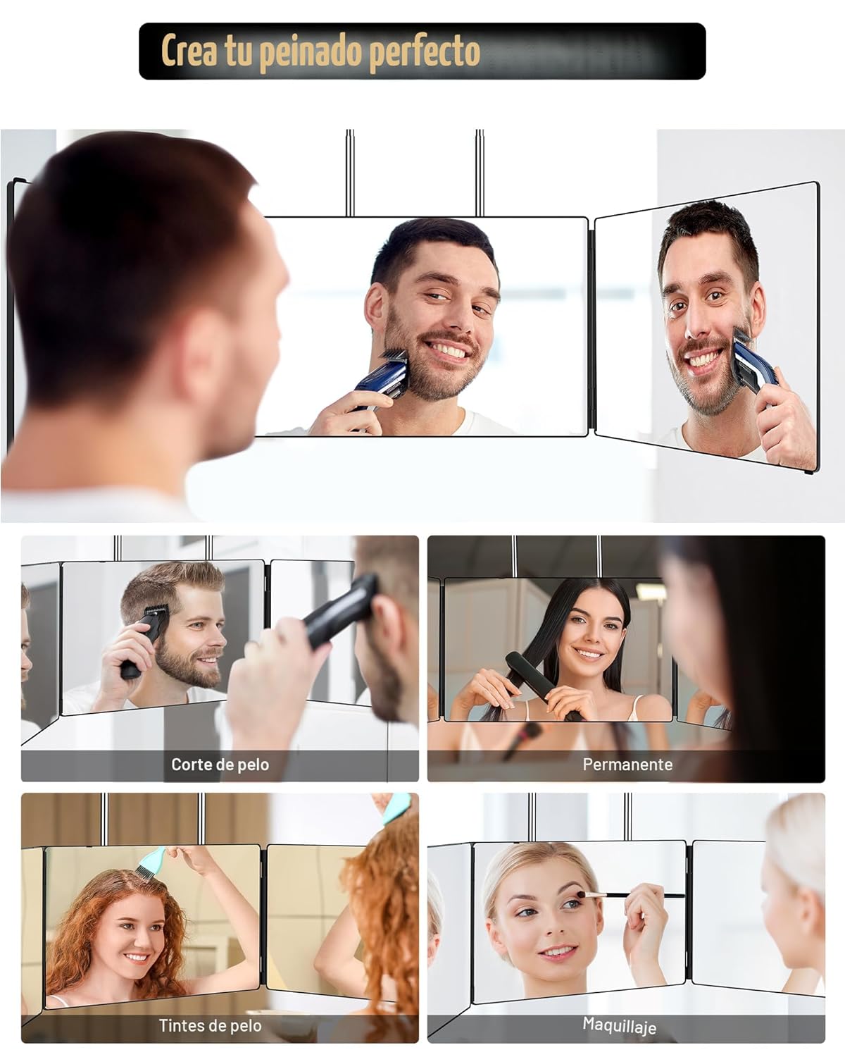 JUSRON Espejo de corte de pelo automático con ángulo de visión 360,...