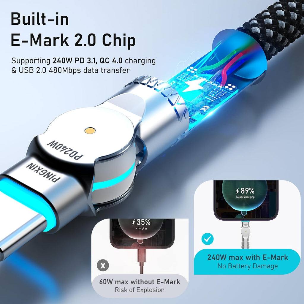 Cable USB C a USB C de 10 pies, 240 W, cable USB C giratorio de 180...