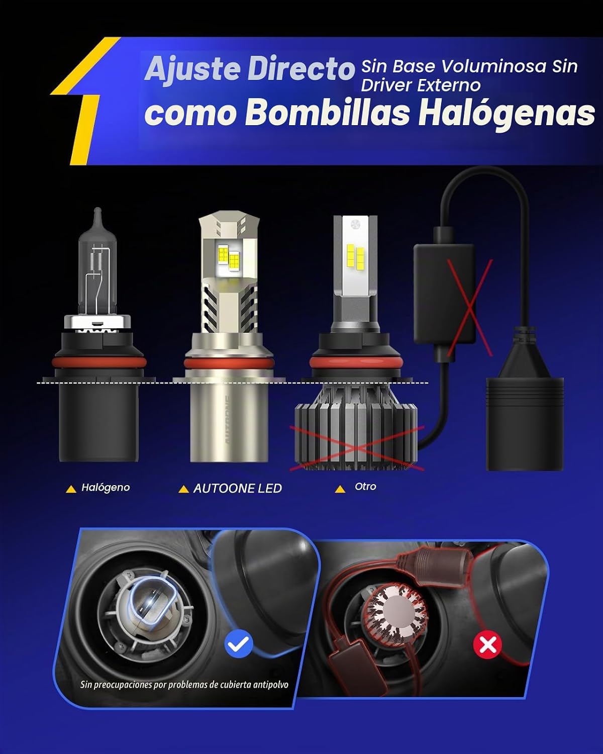 AUTOONE HB5\/9007 Bombillas LED, tamaño OEM, sin parpadeo, 1000% má...