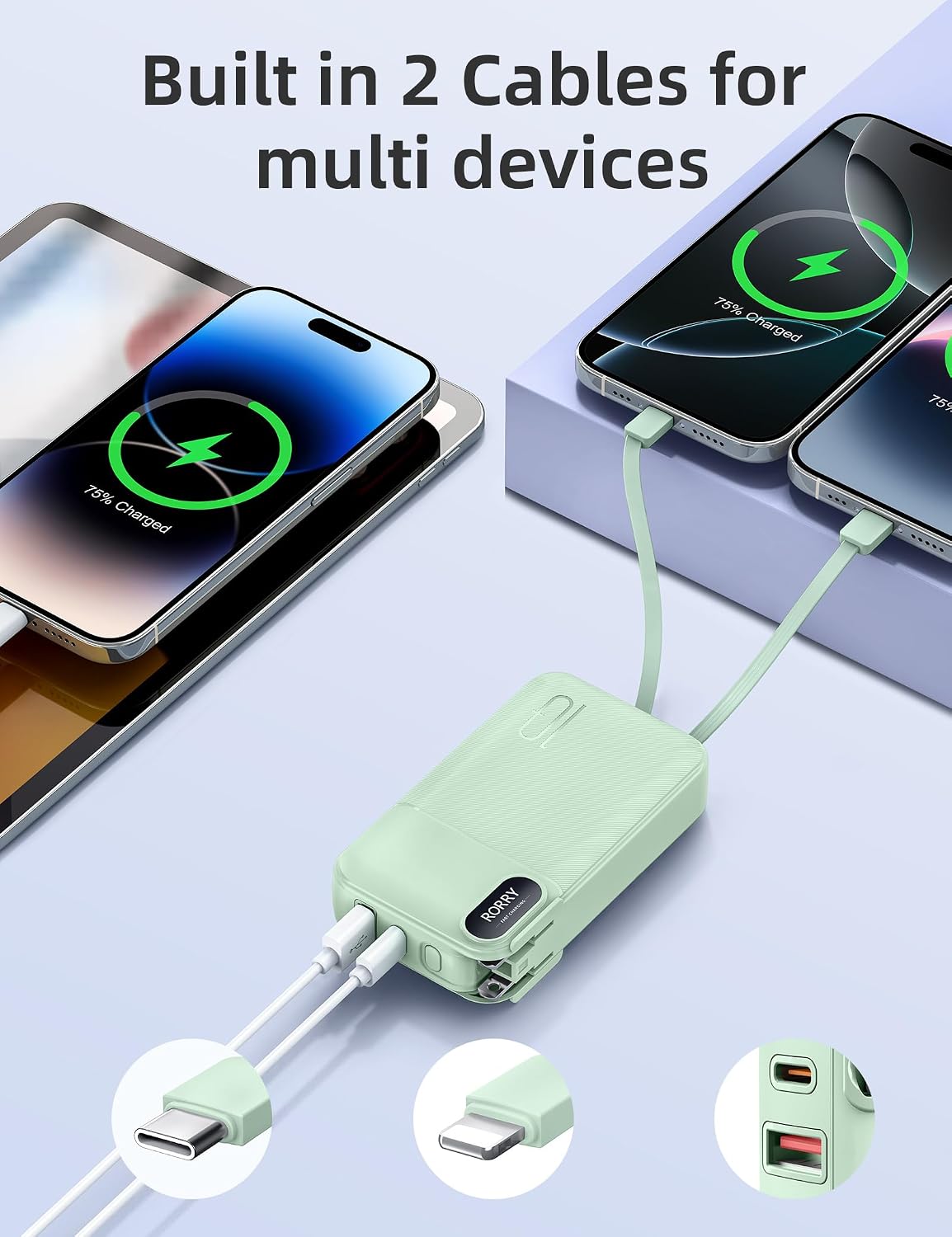 RORRY Cargador portátil con cables integrados, enchufe de pared de...