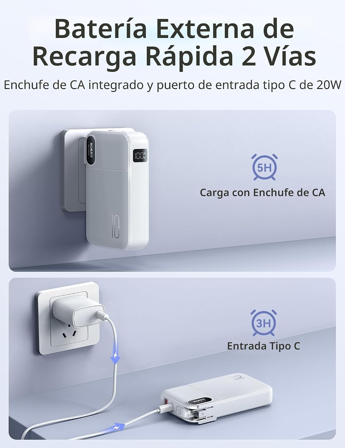 RORRY Cargador portátil con cables integrados, enchufe de pared de...