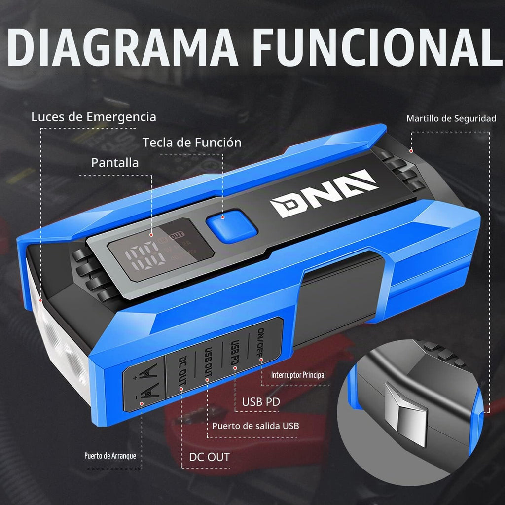DNA Motoring 12V 2000A Pico Arrancador portátil multifuncional de b...