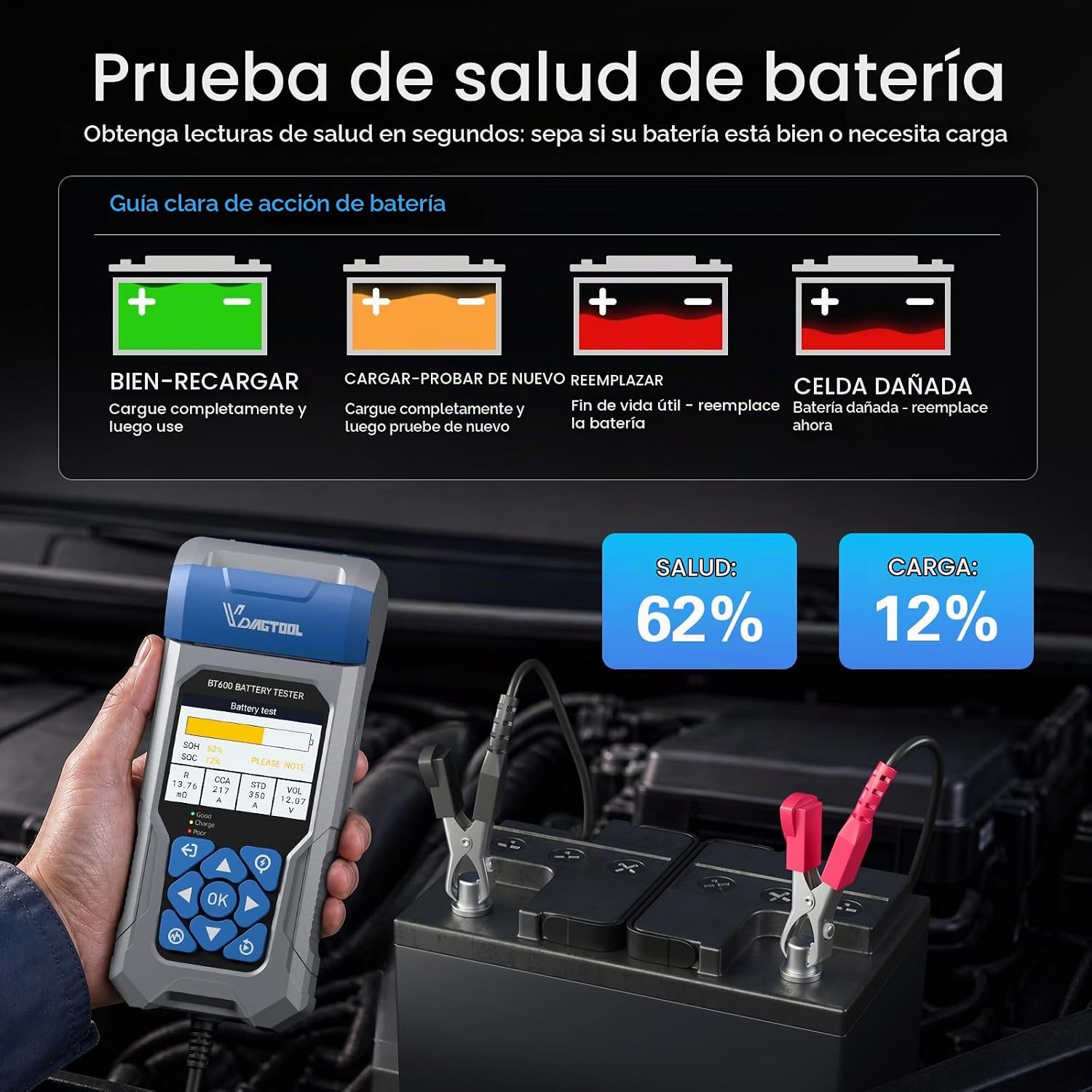 Probador de batería de coche con impresora VDIAGTOOL BT600, 6 V 12...