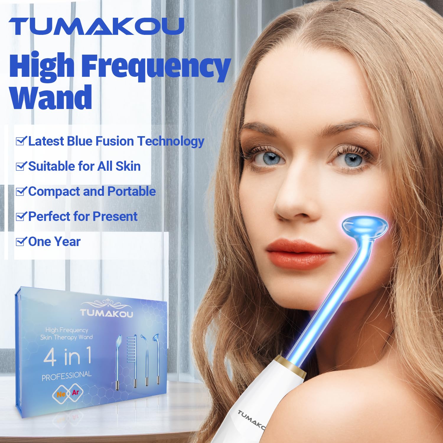 Dispositivo facial de alta frecuencia, varita facial TUMAKOU Blue d...