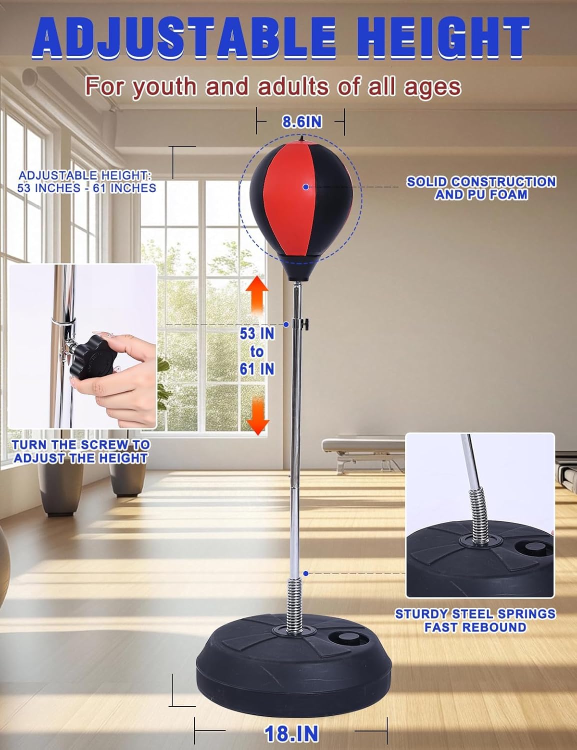 Saco de boxeo con soporte, bolsa de boxeo para adultos, altura ajus...
