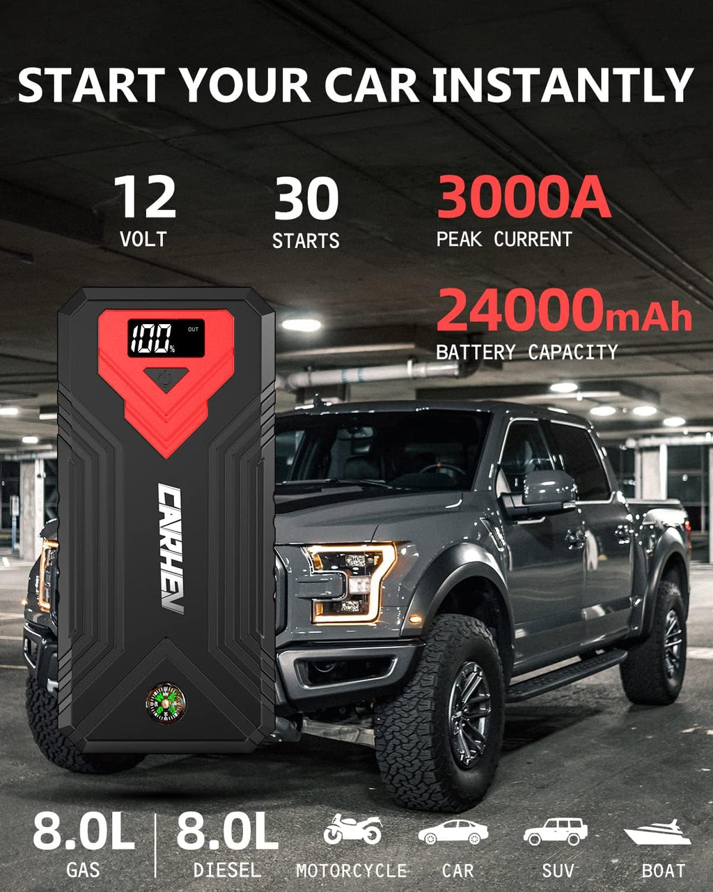 Arrancador de 3000 A, batería de coche de 24000 mAh (hasta 8.0 L de...
