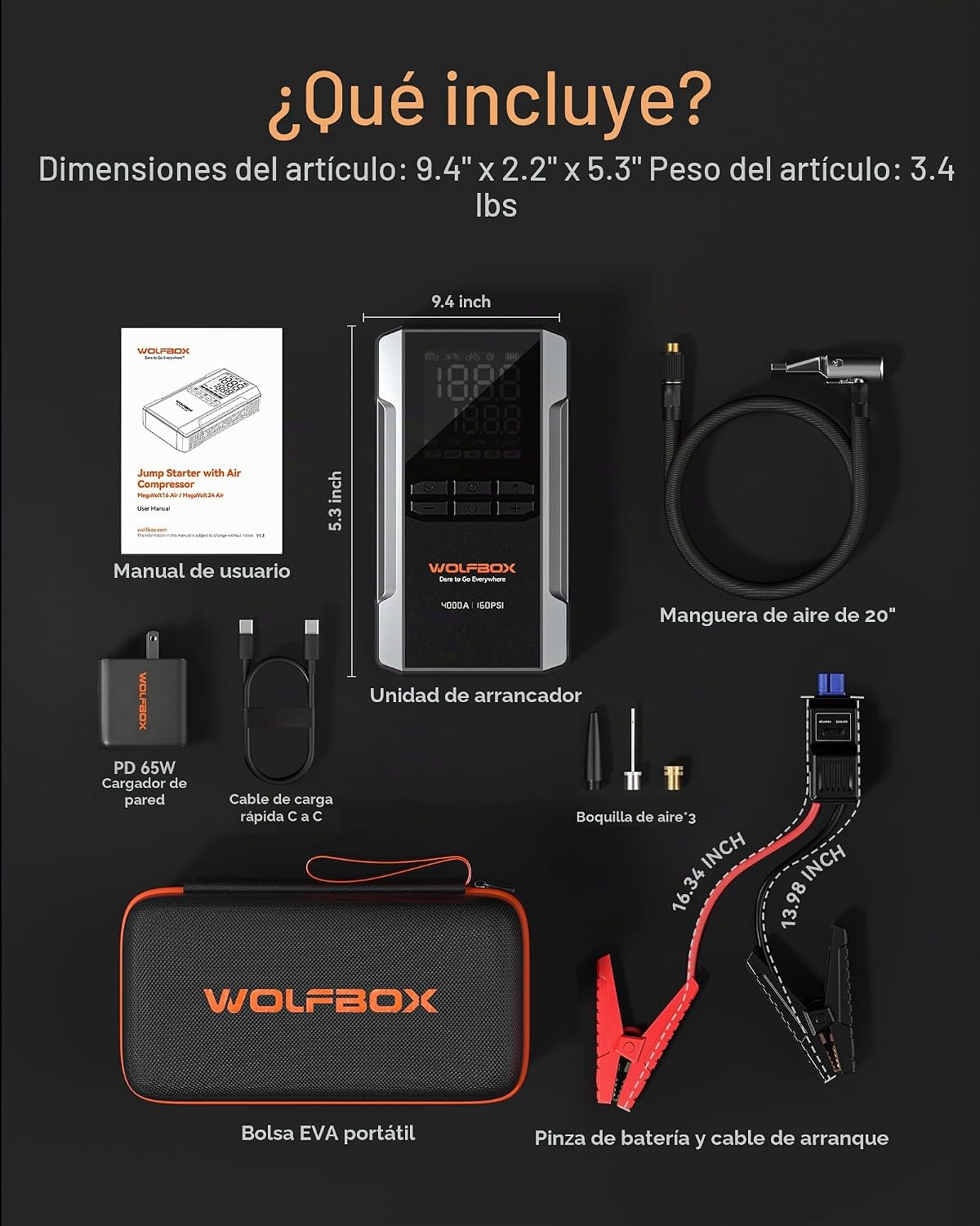 WOLFBOX Arrancador de 4000 A con compresor de aire, batería de coch...