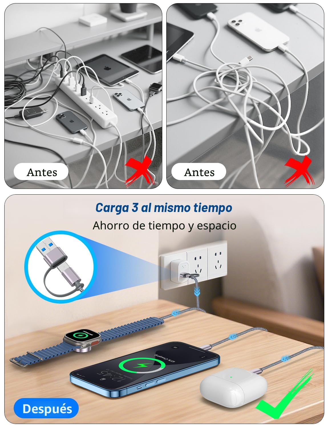 Paquete de 2 cables de carga múltiple para viajes esenciales de vac...