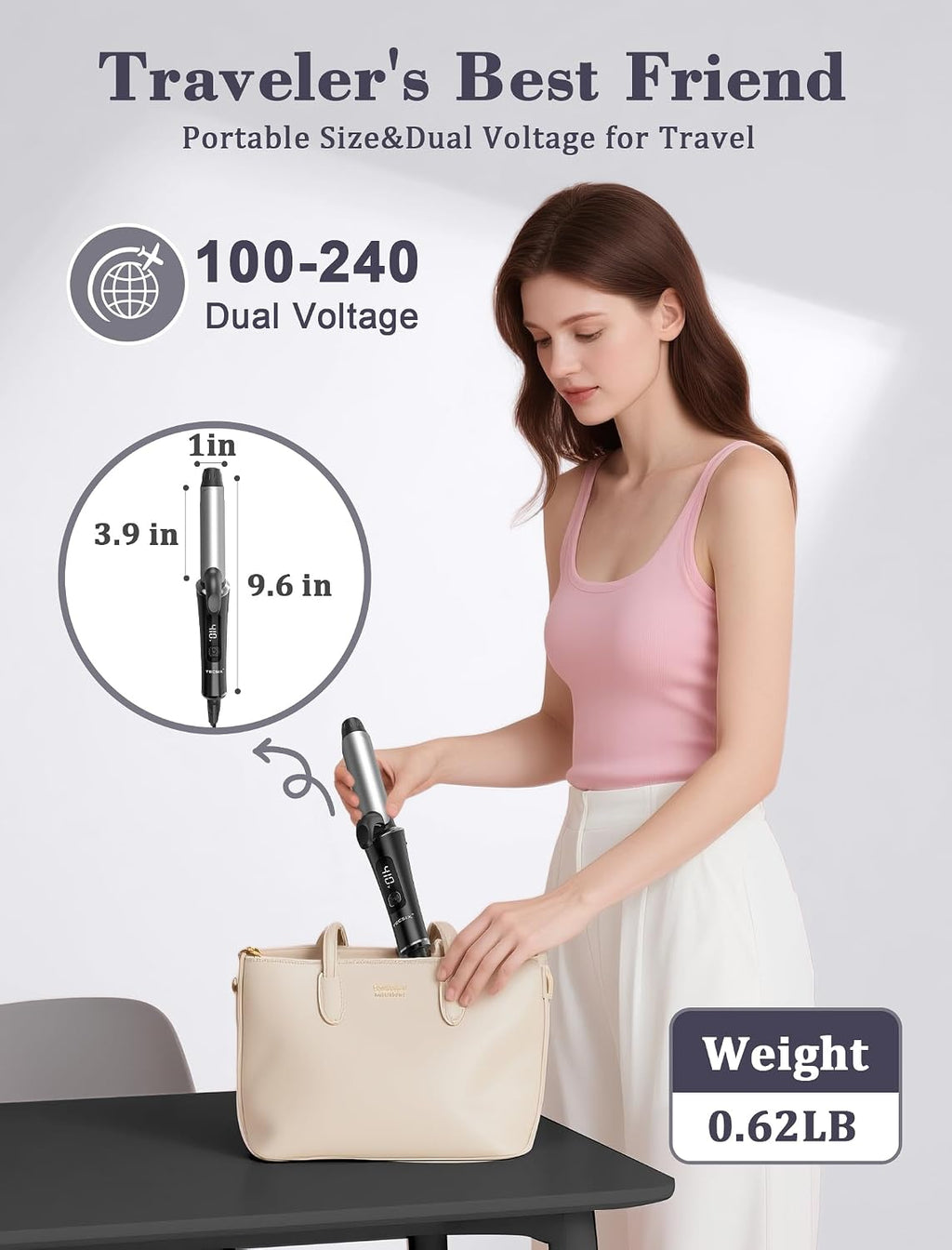 Mini rizador de viaje de 1 pulgada, voltaje dual 110-240 V con ench...