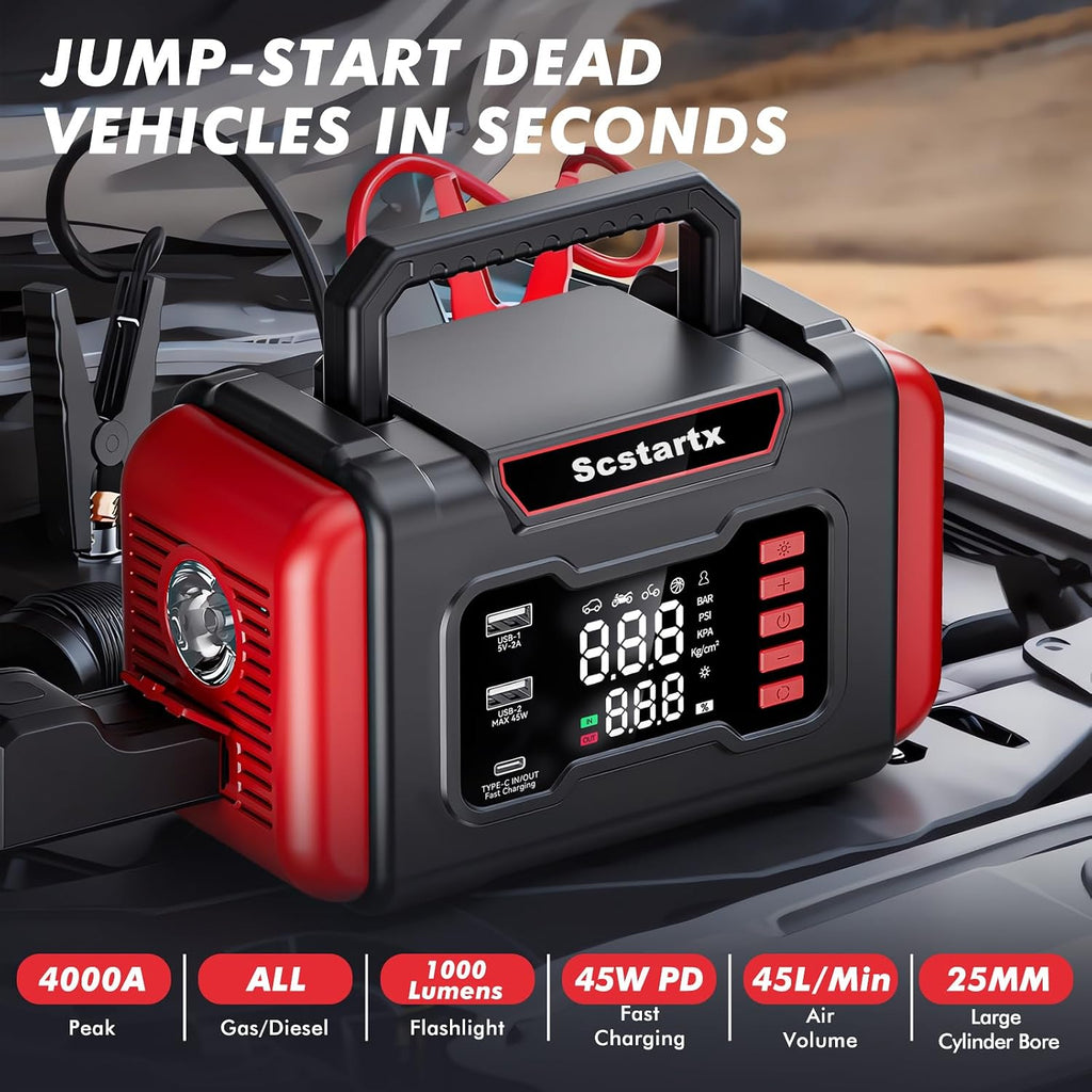 Arrancador Portátil para Automóvil con Compresor de Aire, 4000A Pic...