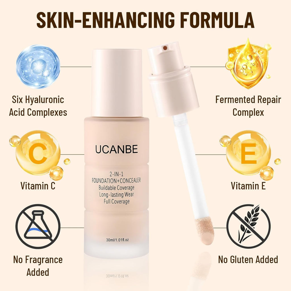 UCANBE Base líquida y corrector 2 en 1, juego de maquillaje de base...