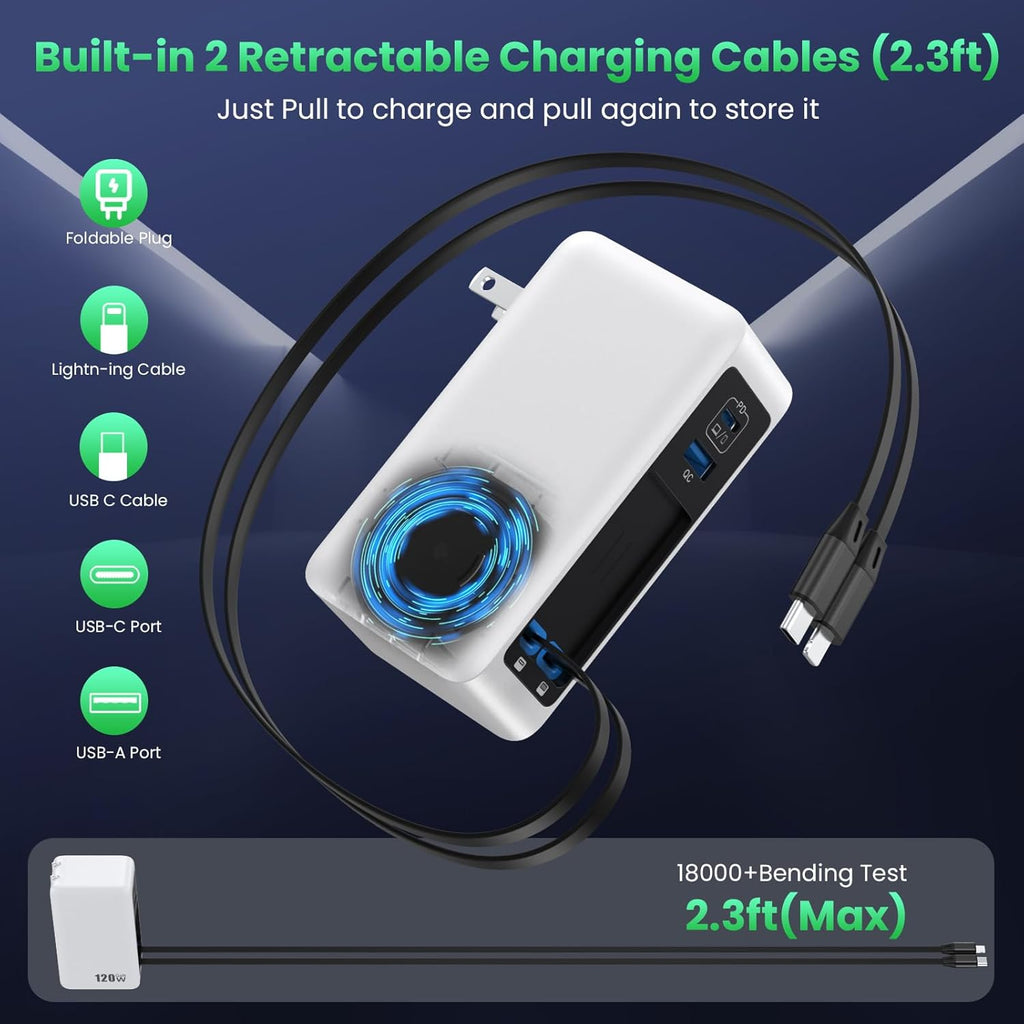 Bloque de cargador USB C de 120W con 2 cables retráctiles integrado...