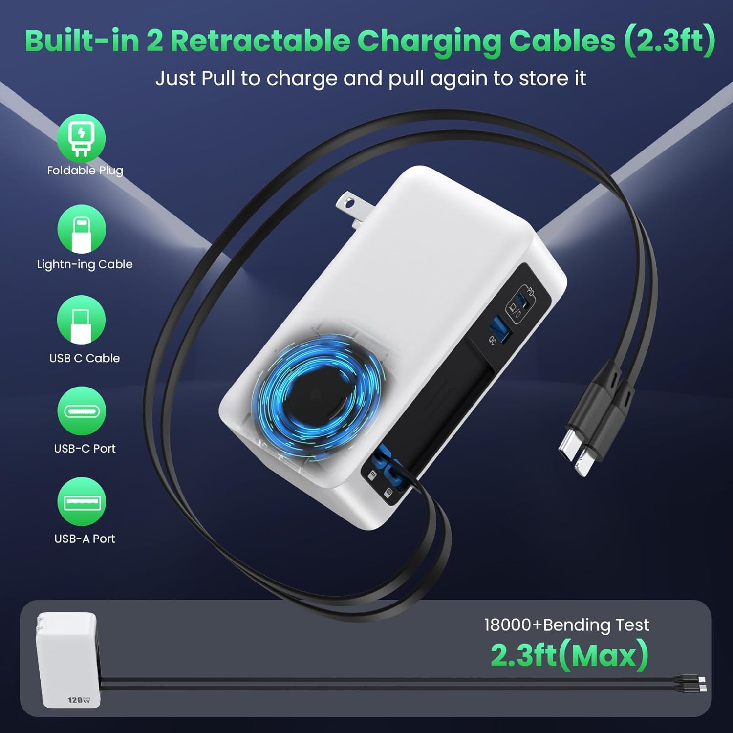 Bloque de cargador USB C de 120W con 2 cables retráctiles integrado...