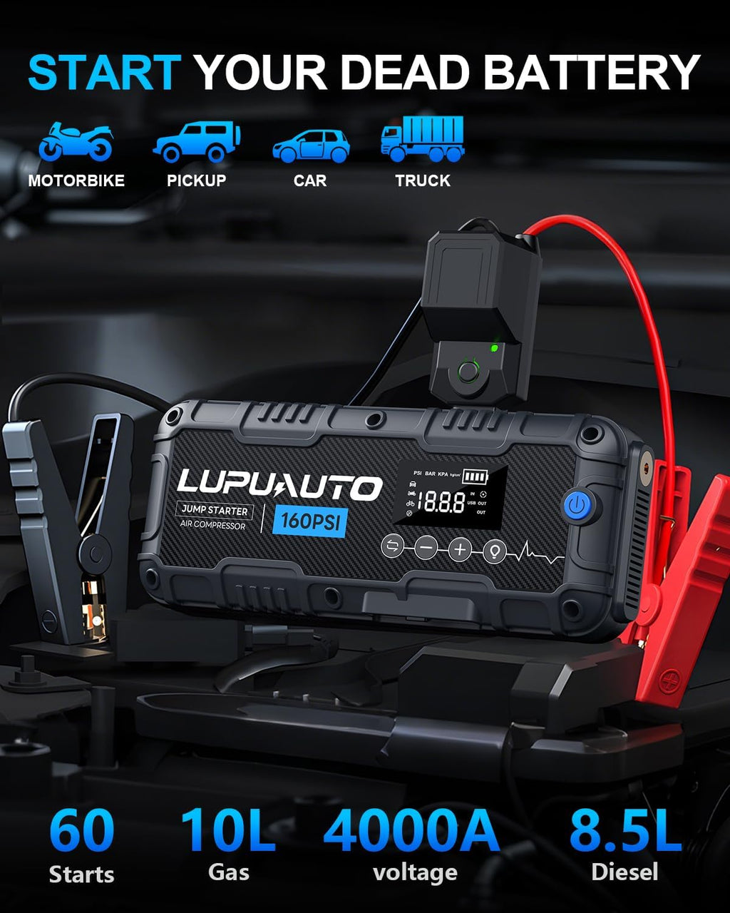 Arrancador de coche de 4000 A con compresor de aire de 160 PSI, paq...