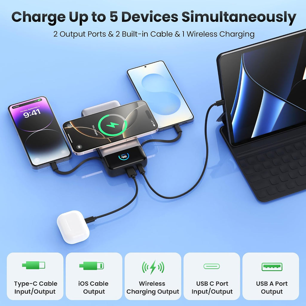 Cargador portátil inalámbrico de 40,800 mAh con cables integrados,...