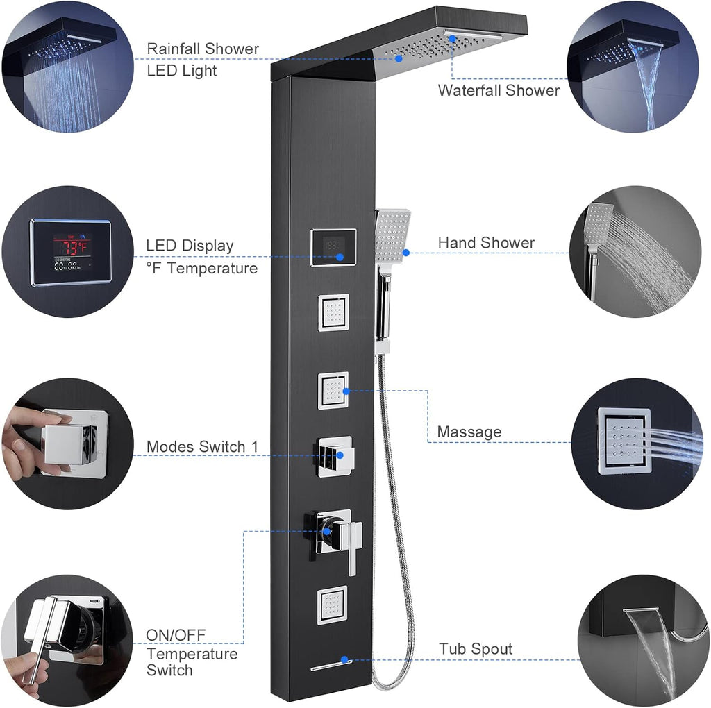 MENATT Sistema de torre de panel de ducha LED 5 en 1 de acero inoxi...