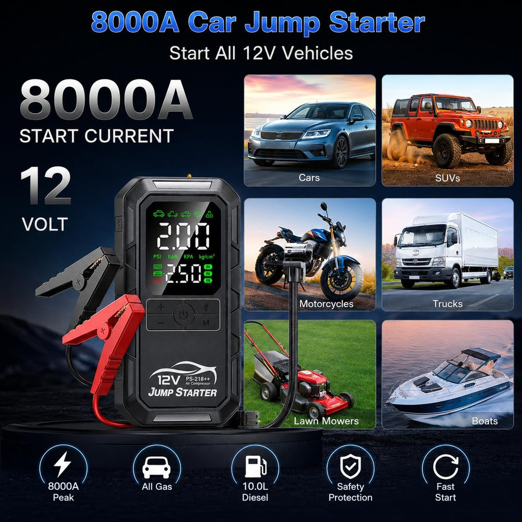 Arrancador de batería de coche 10 en 1 con compresor de aire 8000A...
