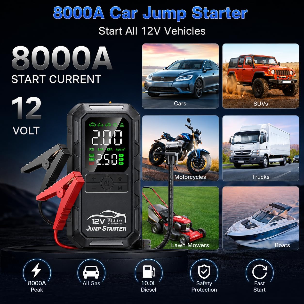 Arrancador de batería de coche 10 en 1 con compresor de aire 8000A...