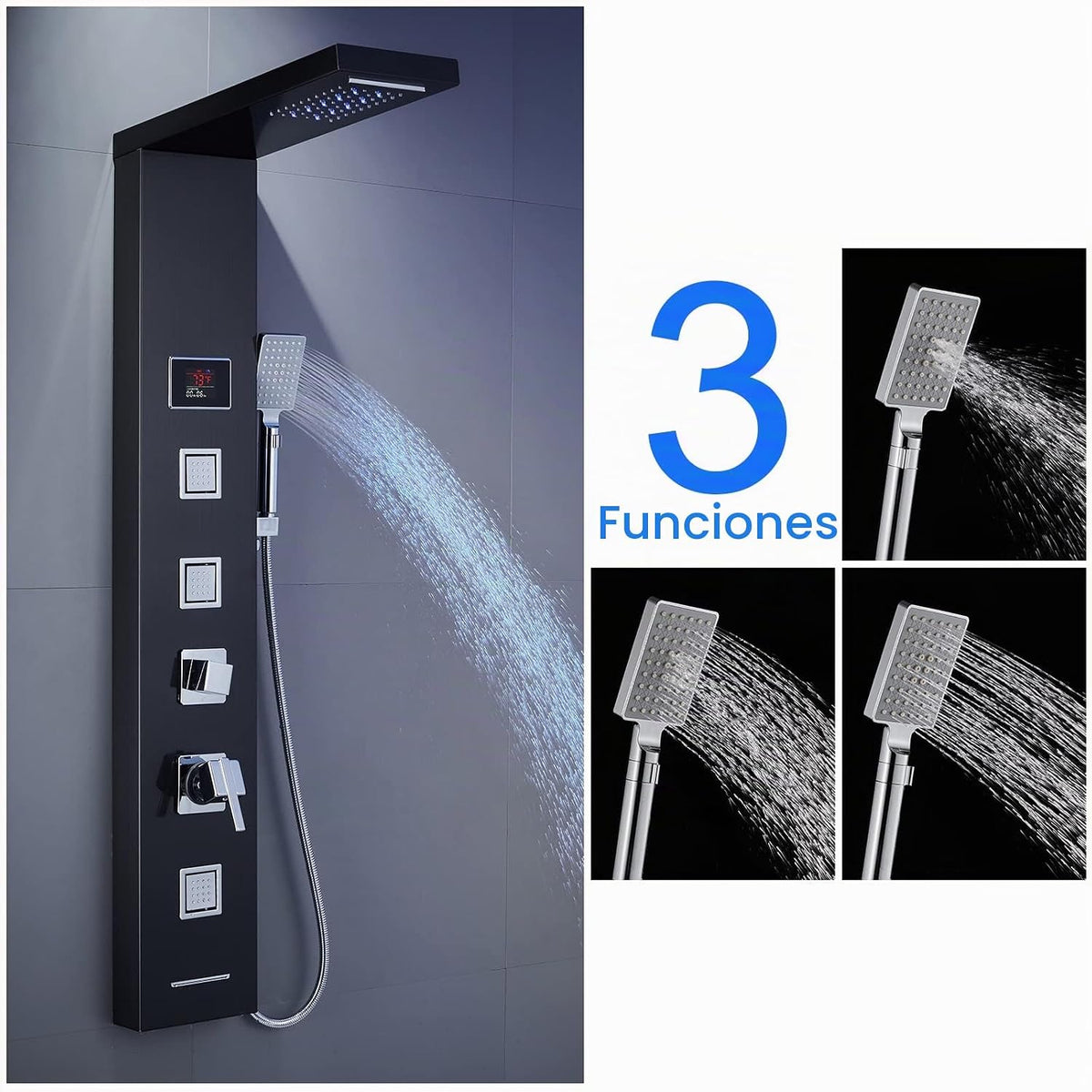 MENATT Sistema de torre de panel de ducha LED 5 en 1 de acero inoxi...