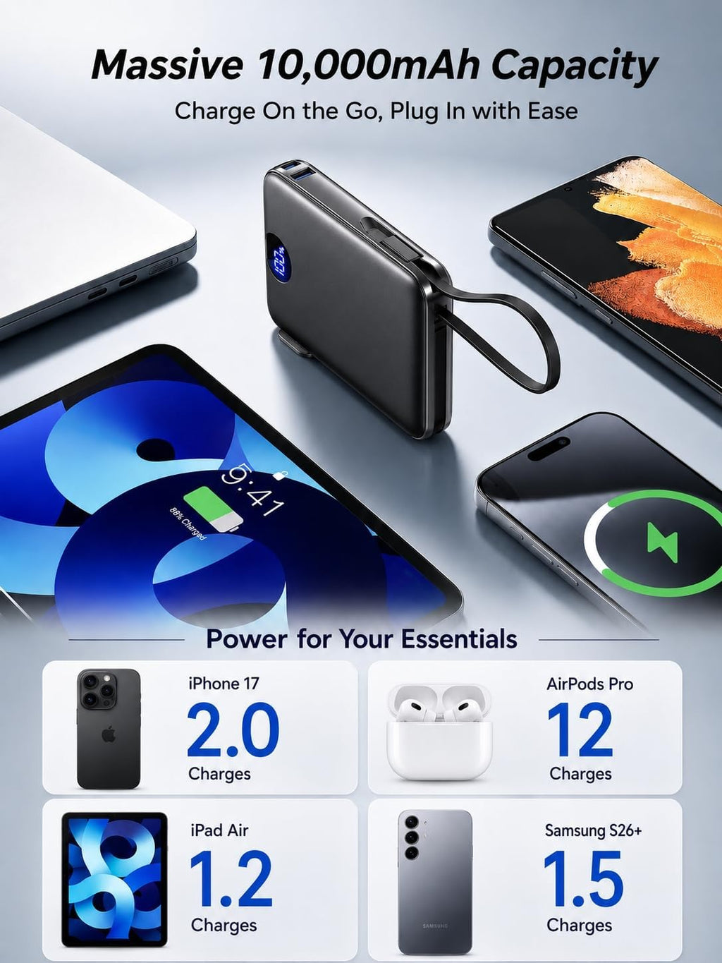 AIFENG Cargador portátil de batería de 10000 mAh, cables integrados...