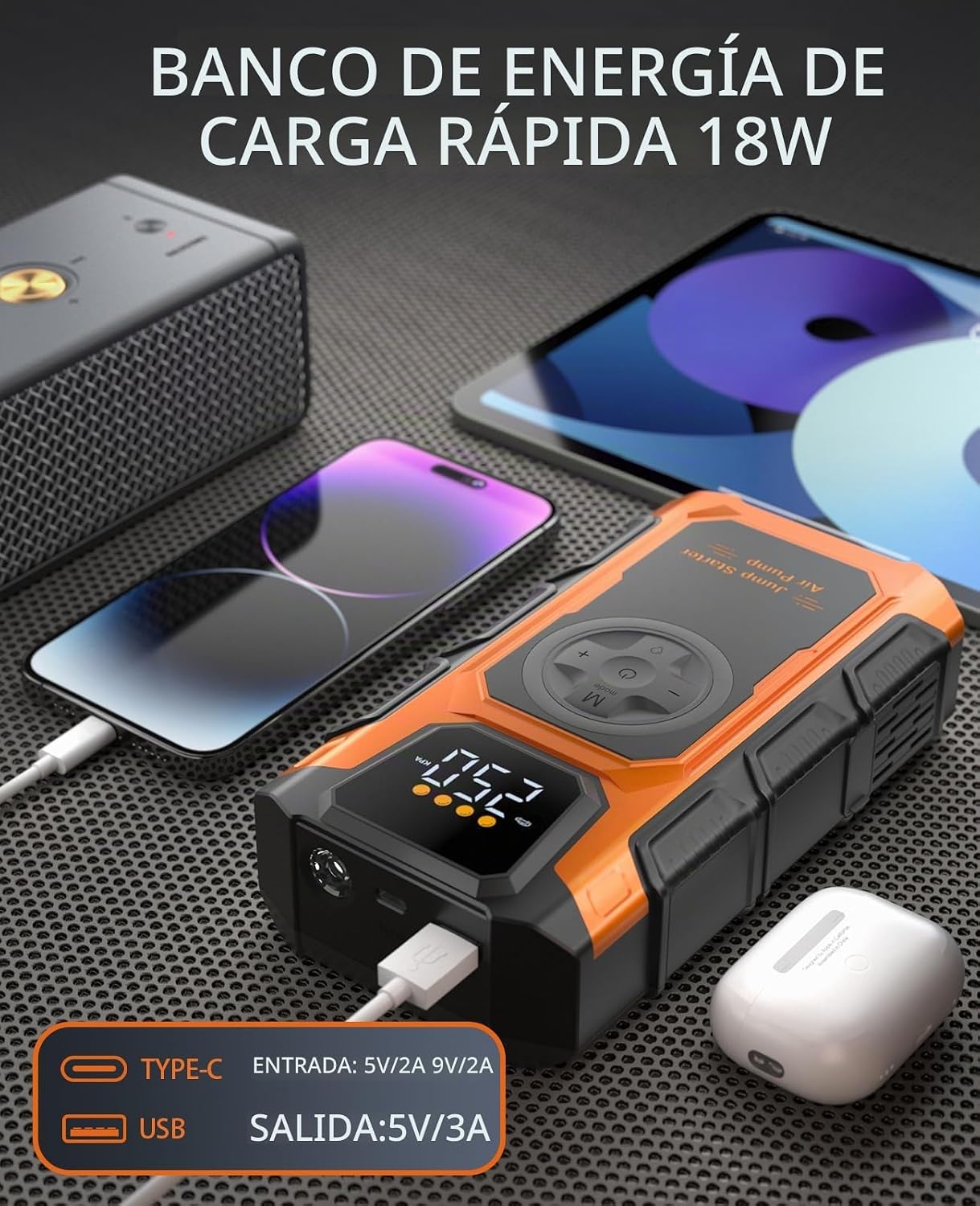 Arrancador con compresor de aire, cargador de batería de coche 5500...