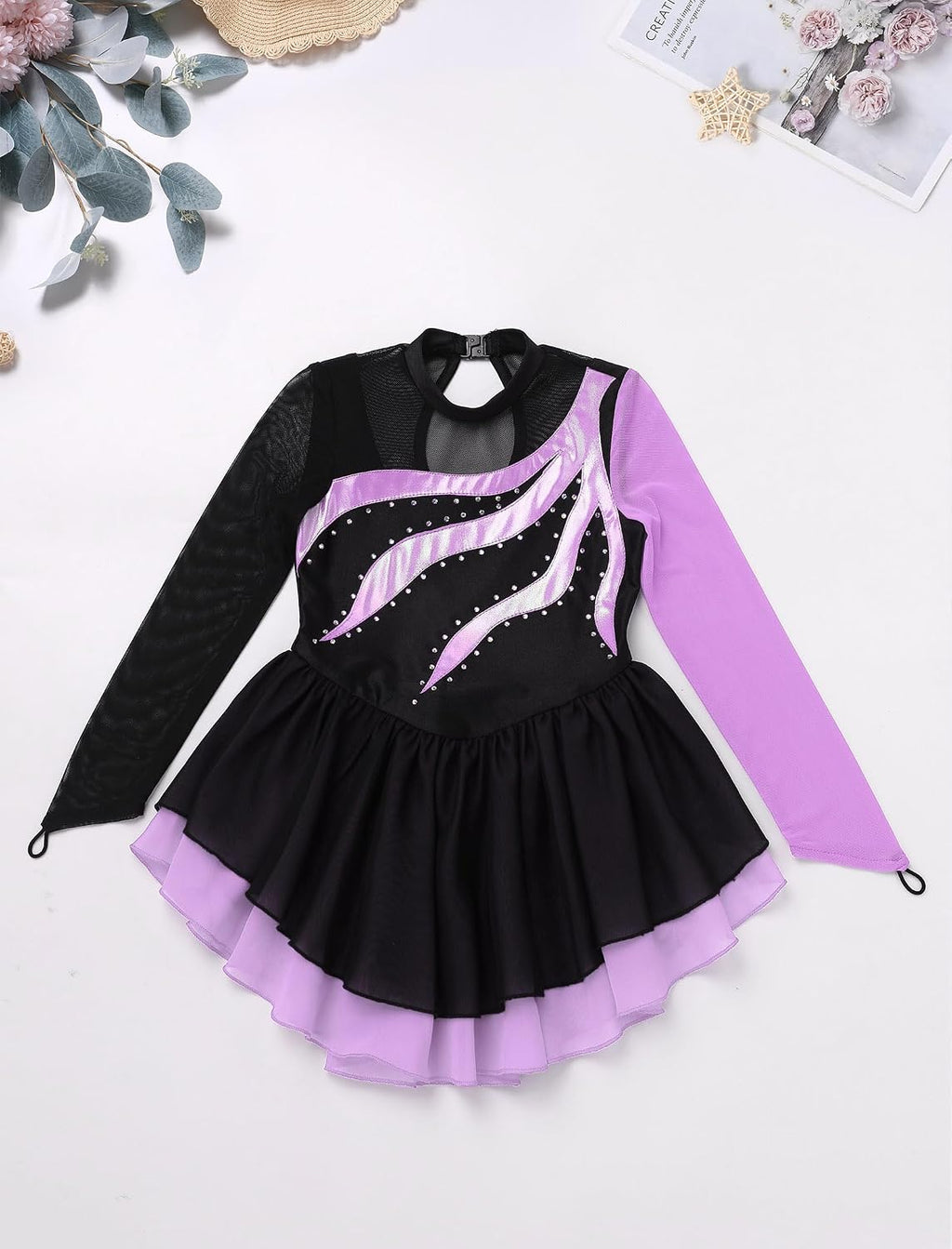 Vestido de patinaje artístico para niña, con cuello alto falso metá...