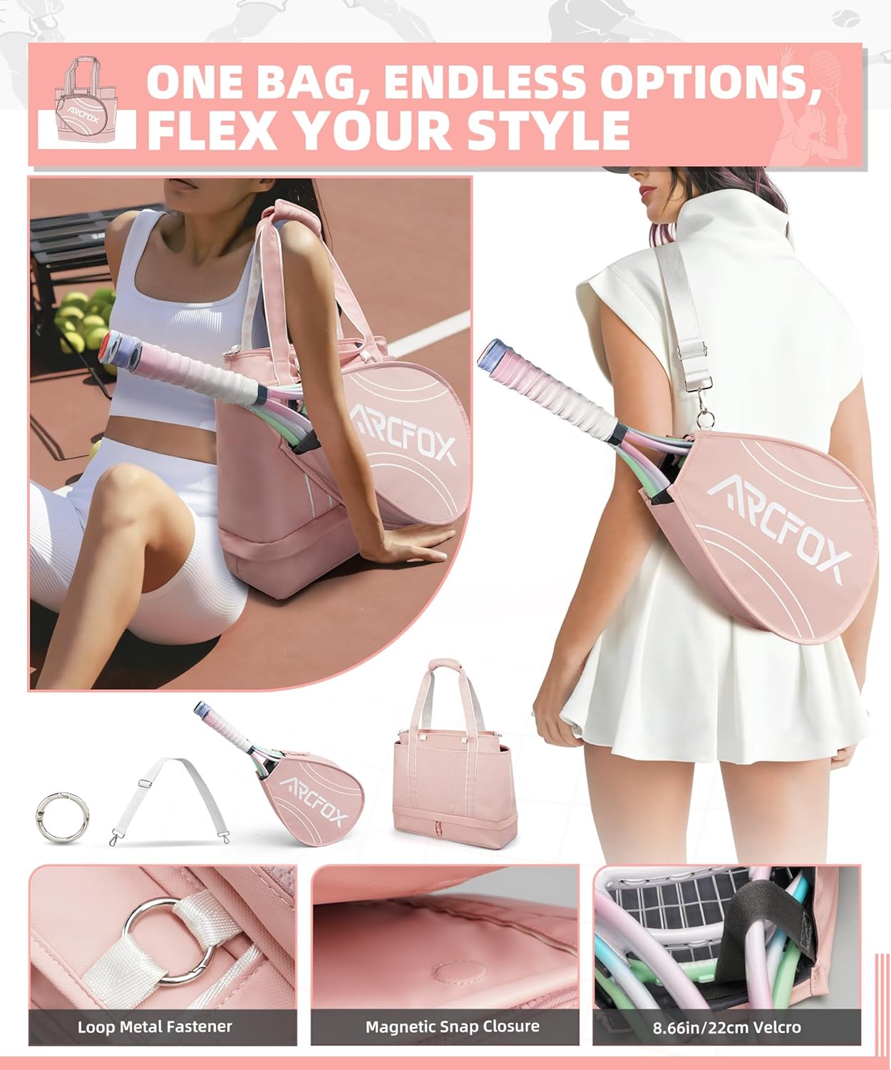ARCFOX Bolsa de Tenis Tote para Mujer, Bolsas de Tenis Rosa 2 en 1...