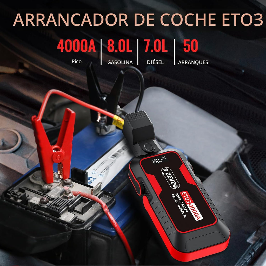 S ZEVZO ET03 Arrancador de Coche 4000 A, Paquete de Batería de Arra...