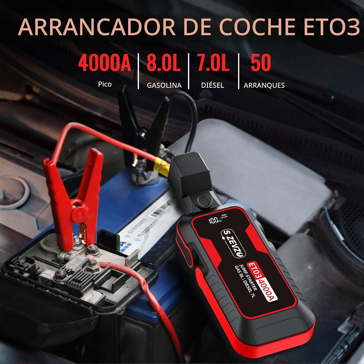 S ZEVZO ET03 Arrancador de Coche 4000 A, Paquete de Batería de Arra...