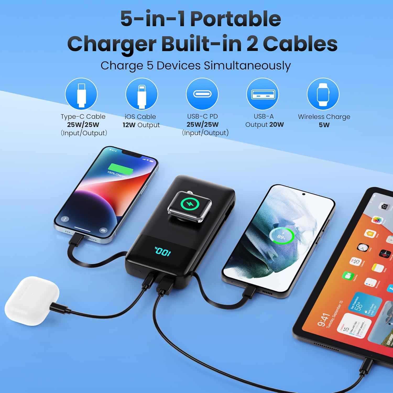 Cargador portátil de 40800 mAh para iPhone con cable integrado y ca...