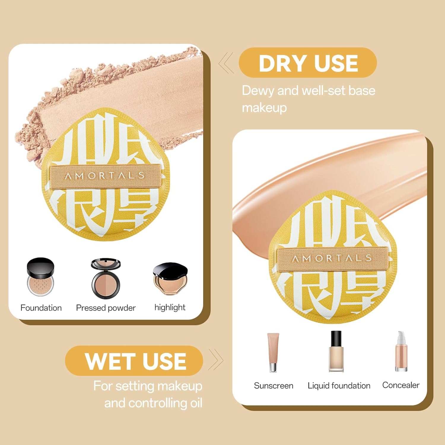 AMORTALS Juego de 2 esponjas de maquillaje y soplo de polvo con est...