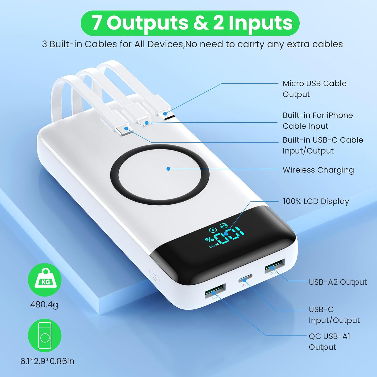 Cargador portátil inalámbrico 40800mAh para iPhone con 3 cables inc...