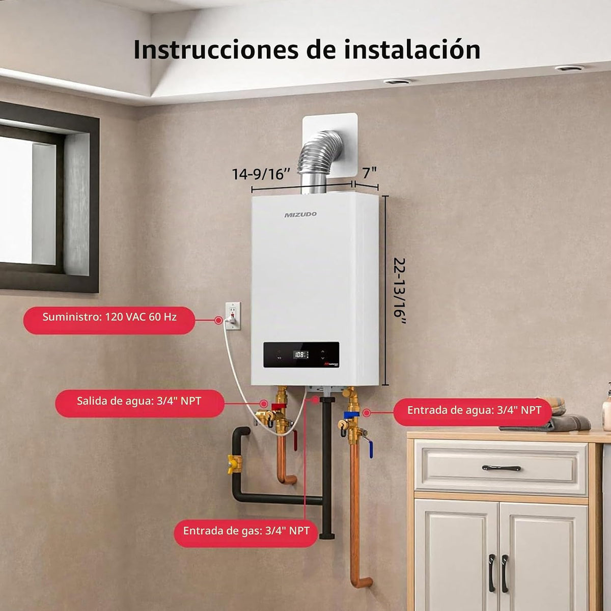 MIZUDO Calentador de agua sin tanque de gas natural de 120,000 BTU,...