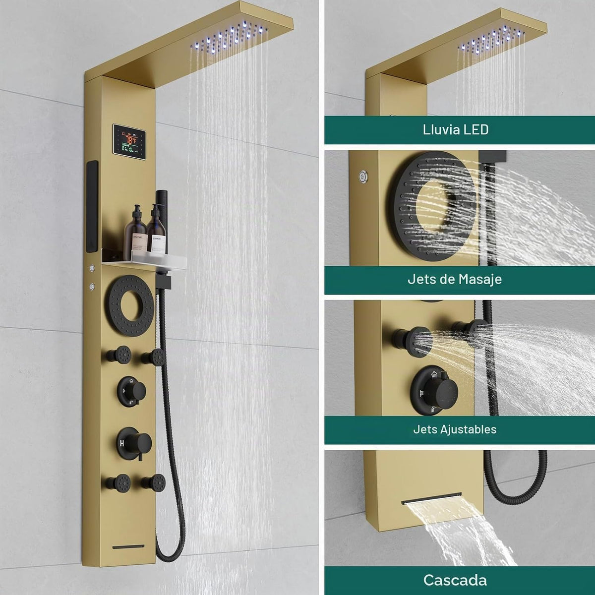 Hoimpro Sistema de torre de panel de ducha LED de oro cepillado, pa...