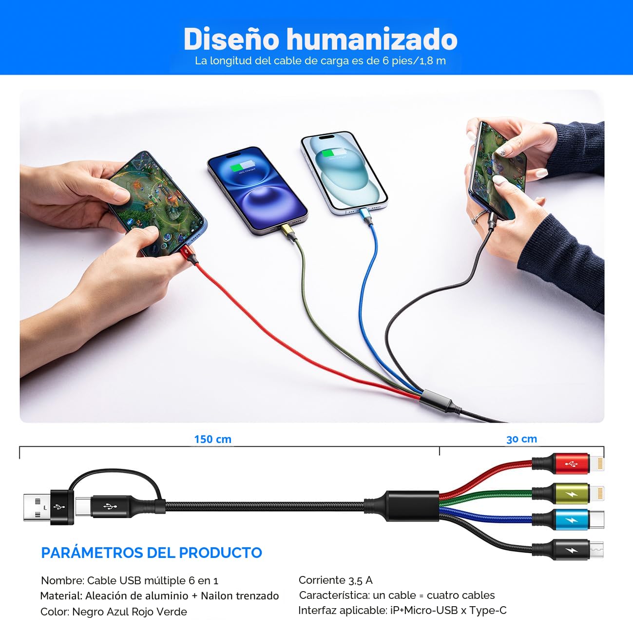 Cable de Carga Múltiple 6 en 1, Paquete de 2 Cables Cargadores Múlt...