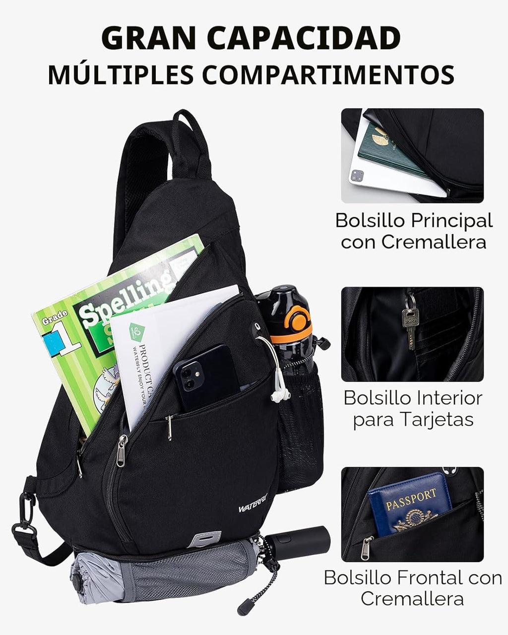 WATERFLY - Mochila casual tipo bandolera, para llevar en el pecho,...
