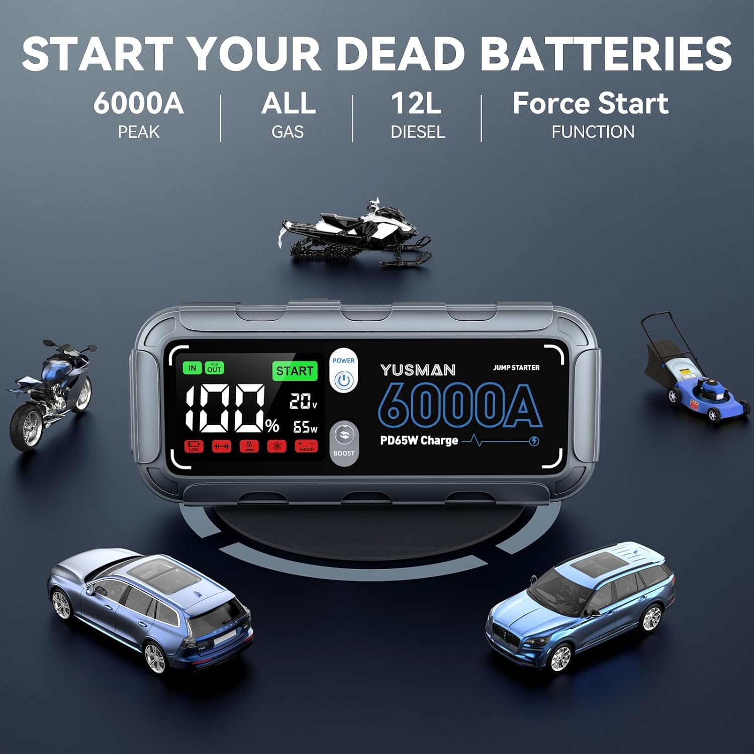 Arrancador de batería de automóvil de 6000A, cargador rápido de 65W...