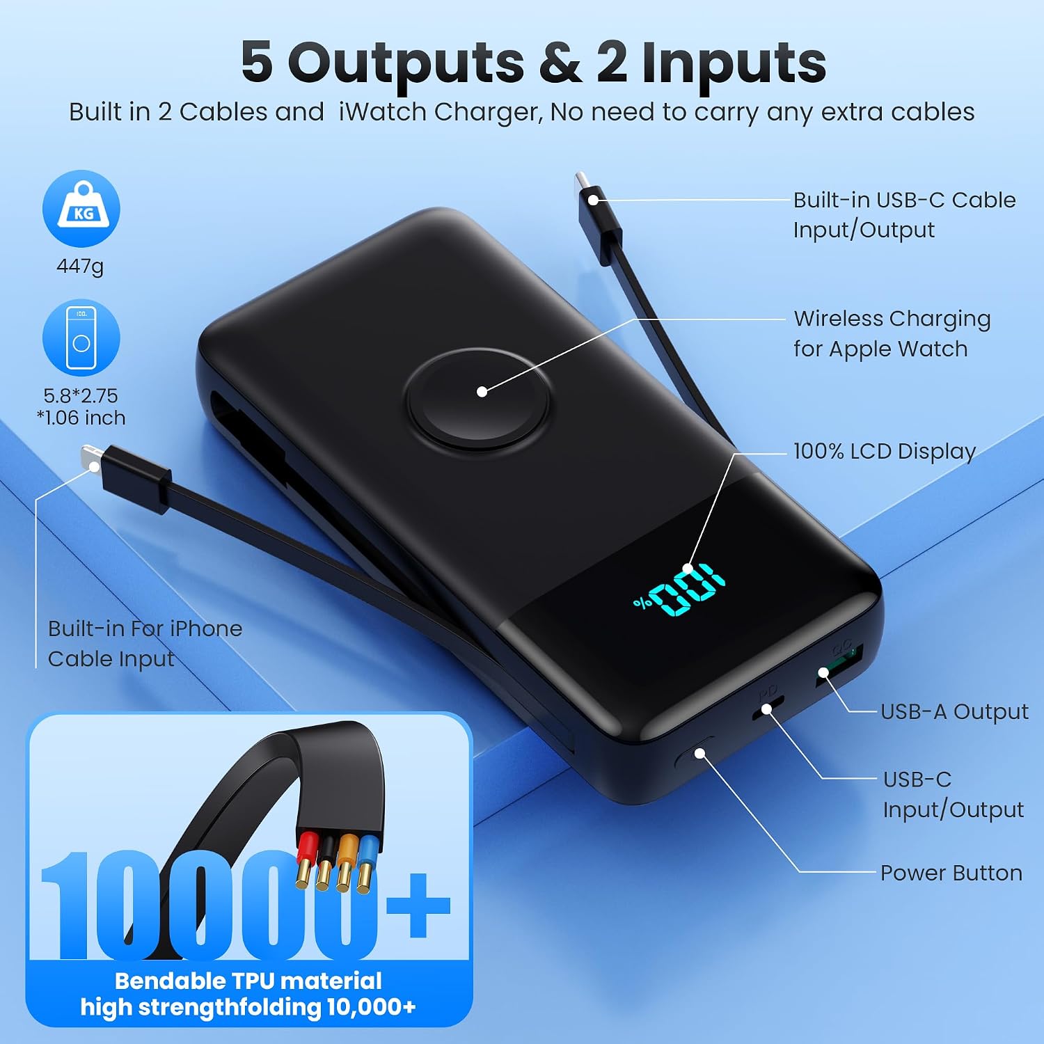 AONIMI Cargador Portátil 40800mAh Power Bank con 2 Cables Integrado...