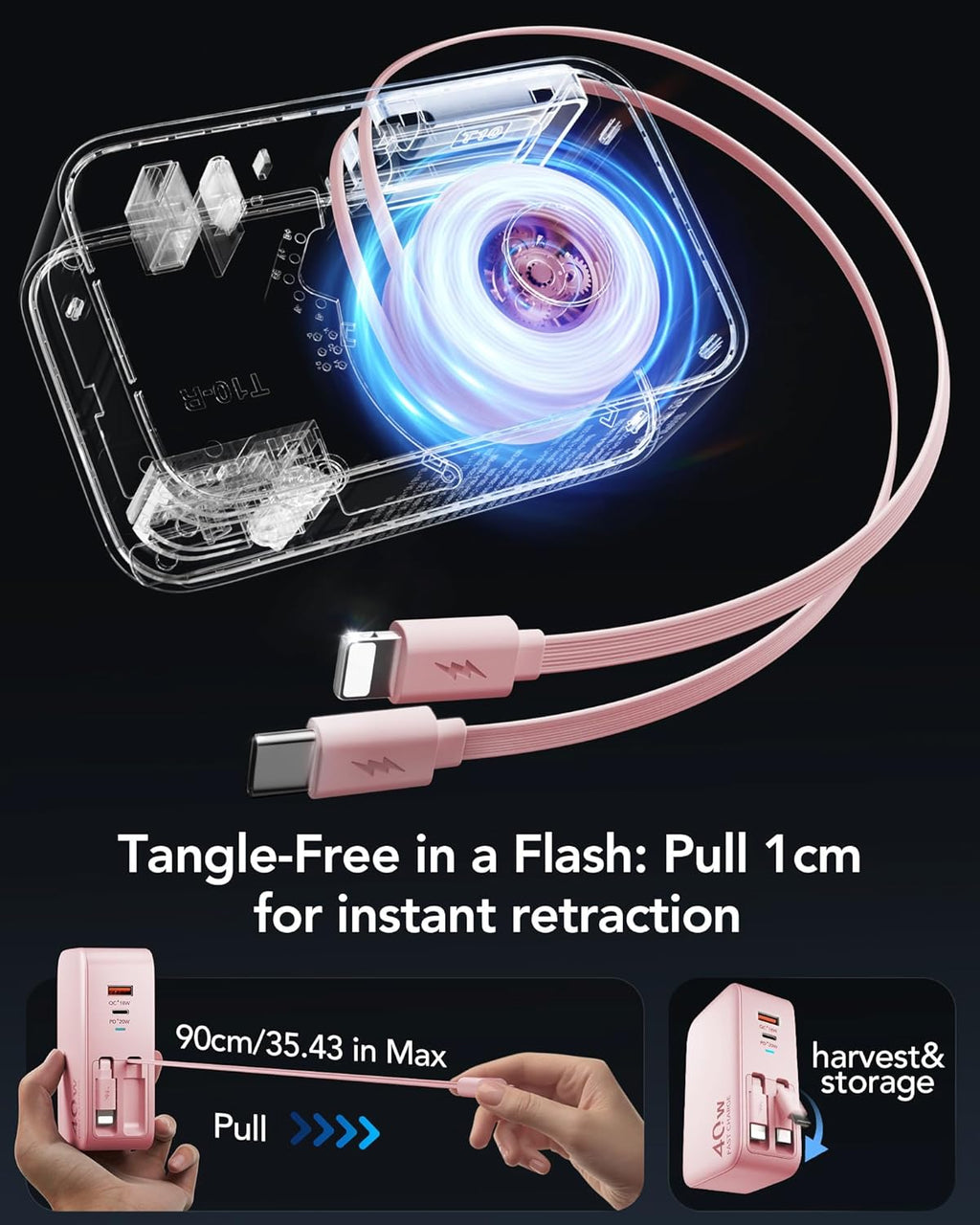 Cargador USB C retráctil de pared con cables tipo C de 35.5 pulgada...