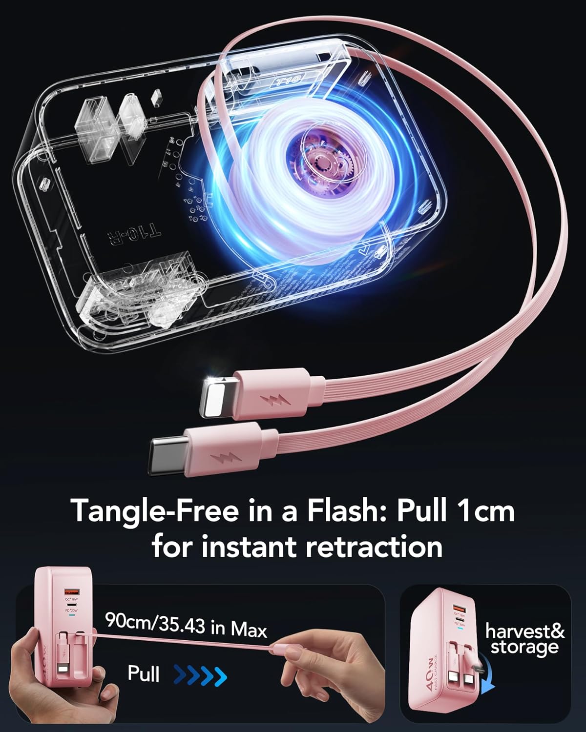 Cargador USB C retráctil de pared con cables tipo C de 35.5 pulgada...